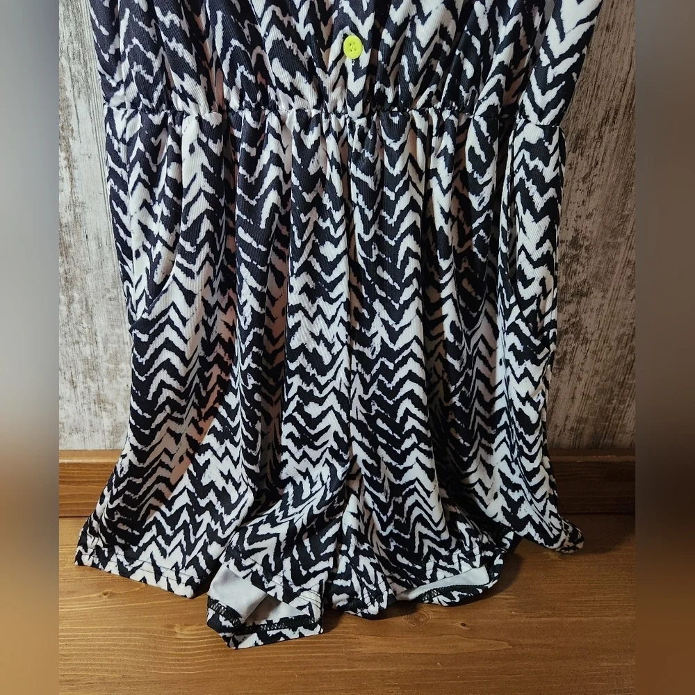 Black and White Chevron Jumpsuit Romper With Pockets Neon Yellow Buttons